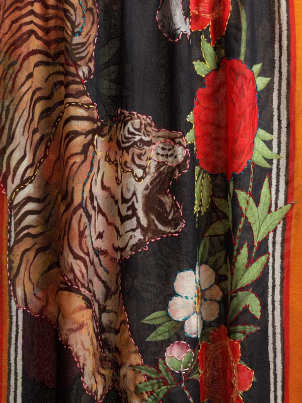 Roaring Tigress Hand Emb Wool Stole - Navy, Multi