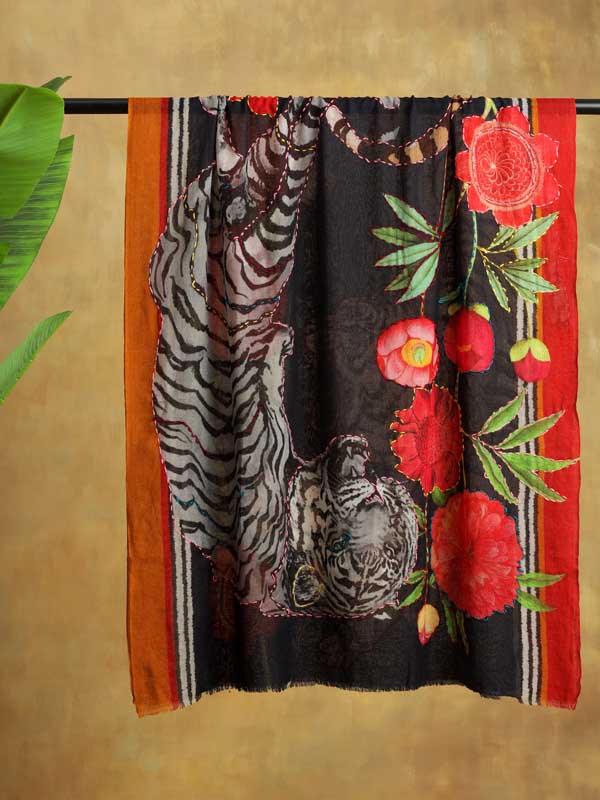 Roaring Tigress Hand Emb Wool Stole - Navy, Multi