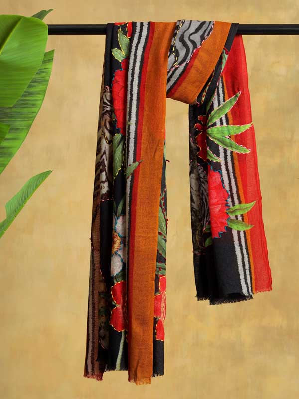 Roaring Tigress Hand Emb Wool Stole - Navy, Multi