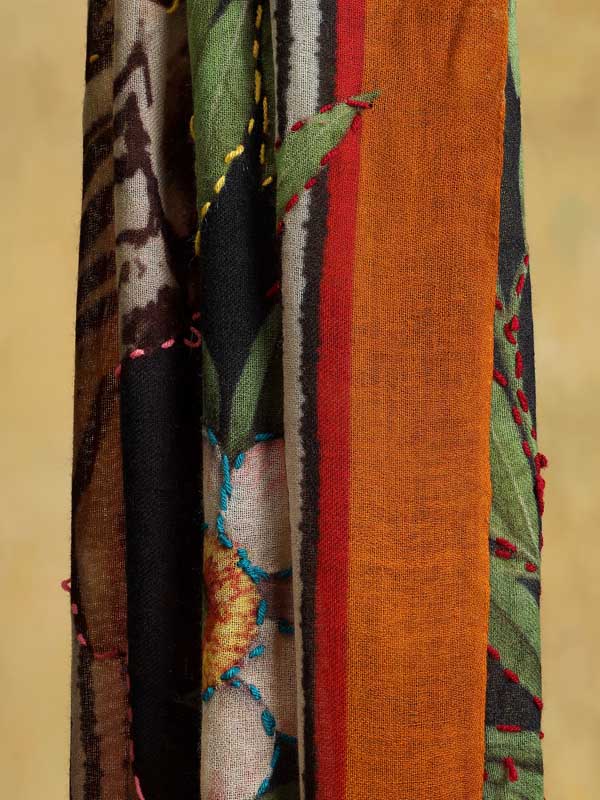 Roaring Tigress Hand Emb Wool Stole - Navy, Multi