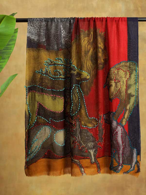 Wild Souls Hand Emb Wool Scarf - Crimson, Multi