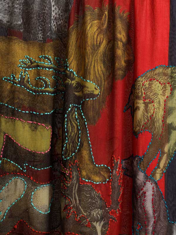 Wild Souls Hand Emb Wool Scarf - Crimson, Multi