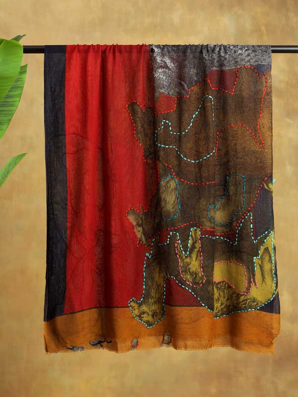 Wild Souls Hand Emb Wool Scarf - Crimson, Multi