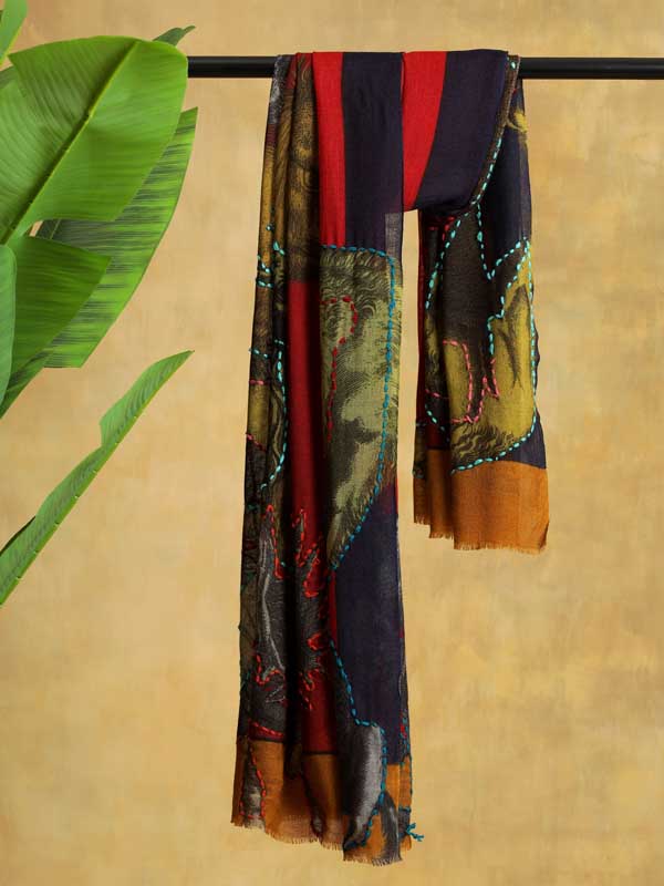Wild Souls Hand Emb Wool Scarf - Crimson, Multi