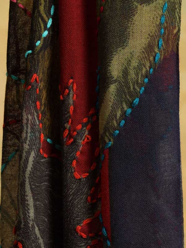 Wild Souls Hand Emb Wool Scarf - Crimson, Multi