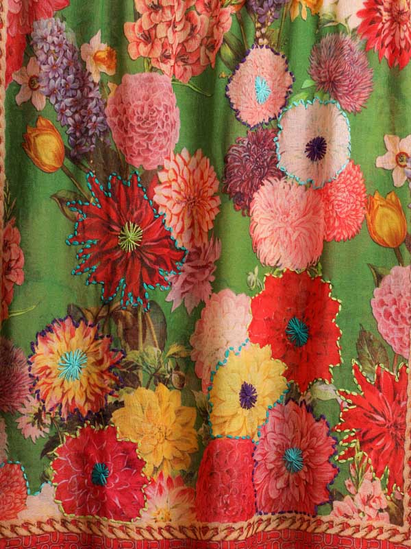 Petal Poetry Wool Hand Emb Scarf - Basil, Red