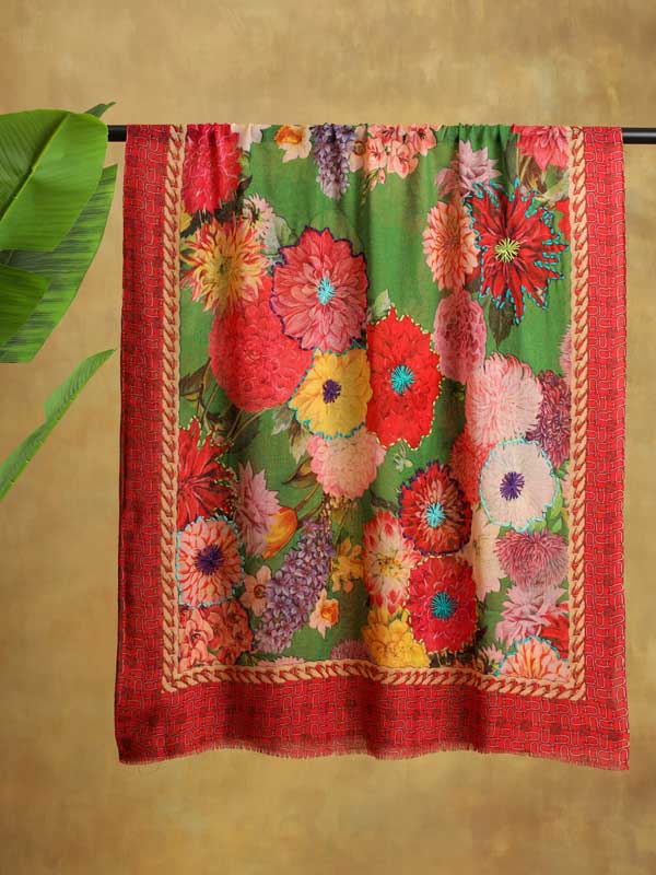 Petal Poetry Wool Hand Emb Scarf - Basil, Red