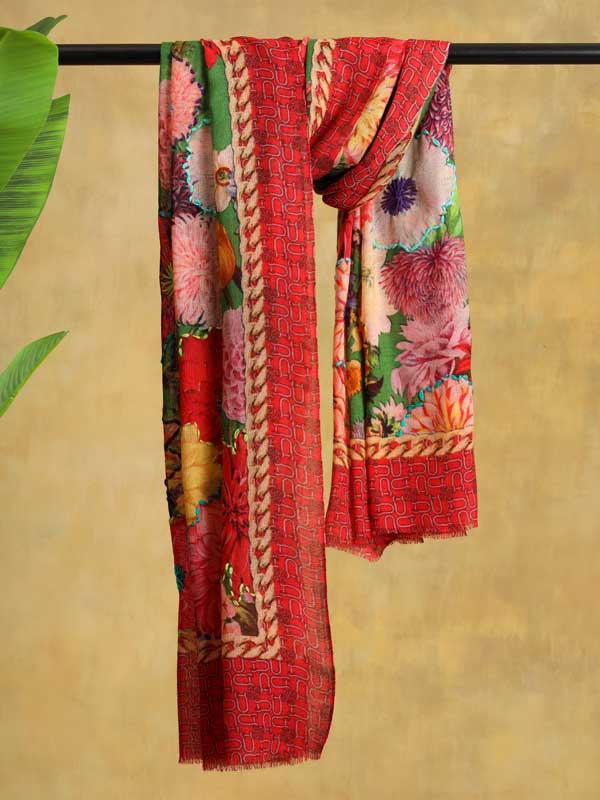Petal Poetry Wool Hand Emb Scarf - Basil, Red