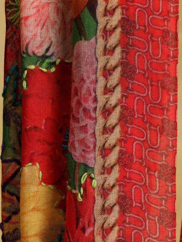 Petal Poetry Wool Hand Emb Scarf - Basil, Red