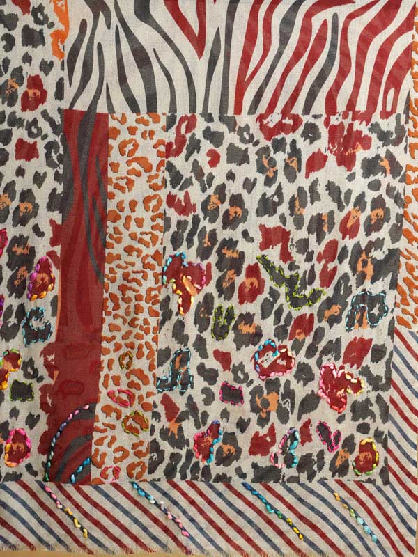 Jungle Skins Hand Emb Wool Scarf - Multi Offwhite