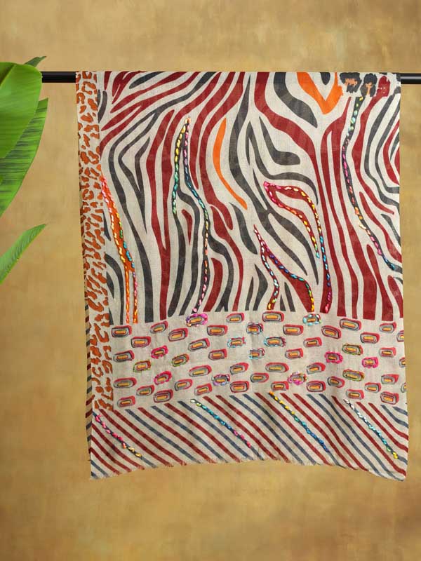 Jungle Skins Hand Emb Wool Scarf - Multi Offwhite