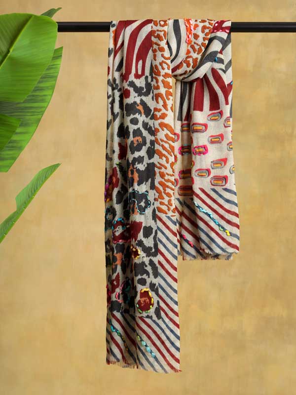 Jungle Skins Hand Emb Wool Scarf - Multi Offwhite