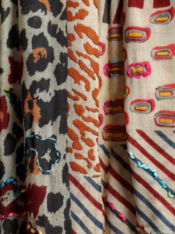 Jungle Skins Hand Emb Wool Scarf - Multi Offwhite