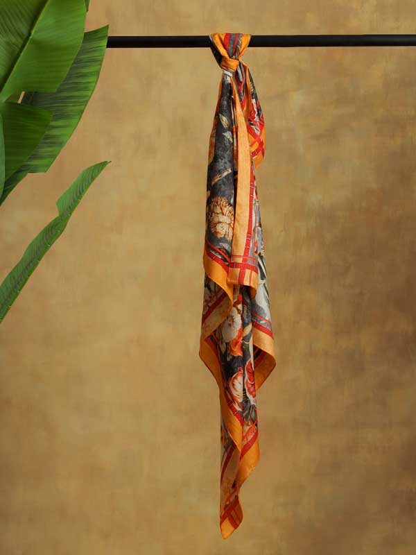 Gilded Blooms Silk Blend Square Scarf - Grey Merigold