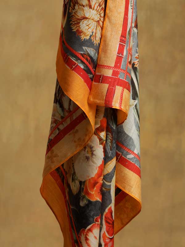 Gilded Blooms Silk Blend Square Scarf - Grey Merigold