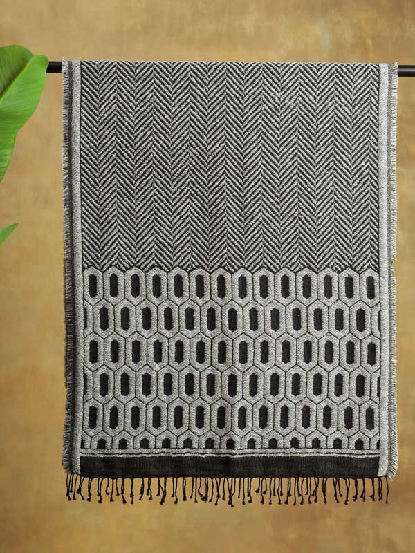 Heptagon Weave Wool Blend Scarf - Grey Offwhite