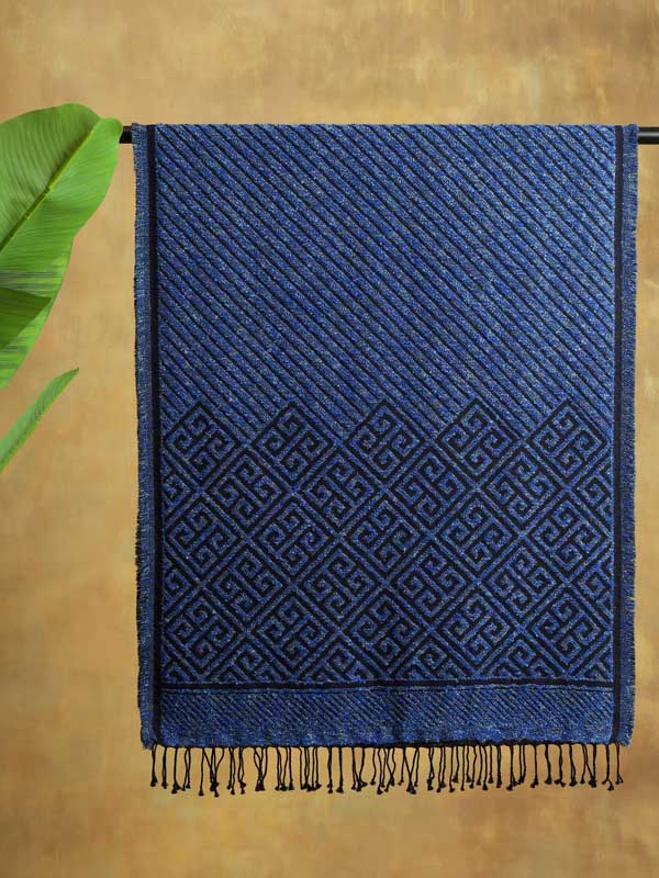 Meander Weave Wool Blend Scarf - Tonal Blue