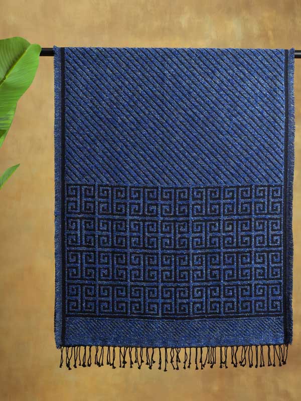 Meander Weave Wool Blend Scarf - Tonal Blue