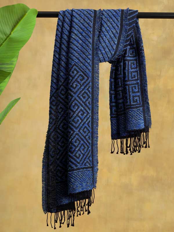 Meander Weave Wool Blend Scarf - Tonal Blue
