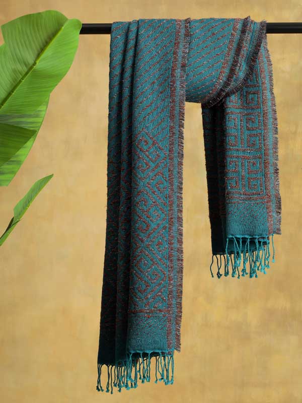 Meander Weave Wool Blend Scarf - Teal Espresso