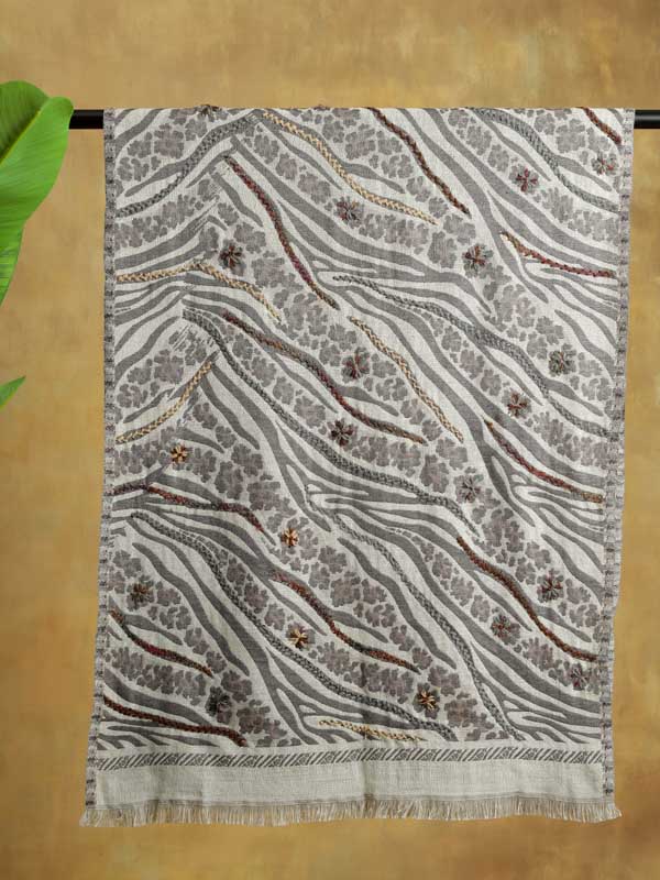 Jungle Abstract Hand Emb Wool Blend Stole - Soft Grey