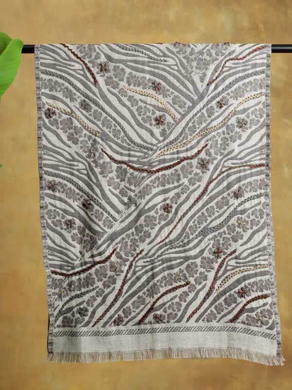Jungle Abstract Hand Emb Wool Blend Stole - Soft Grey