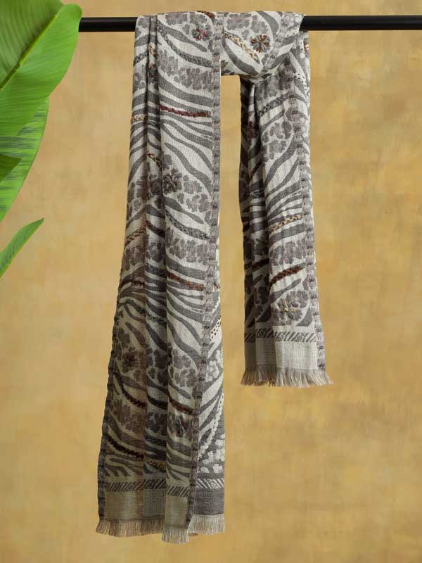Jungle Abstract Hand Emb Wool Blend Stole - Soft Grey