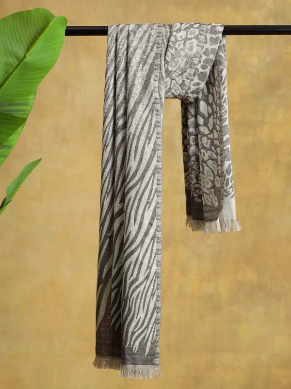 Zebra Leopard Fushion Wool Blend Stole - Fossil Grey