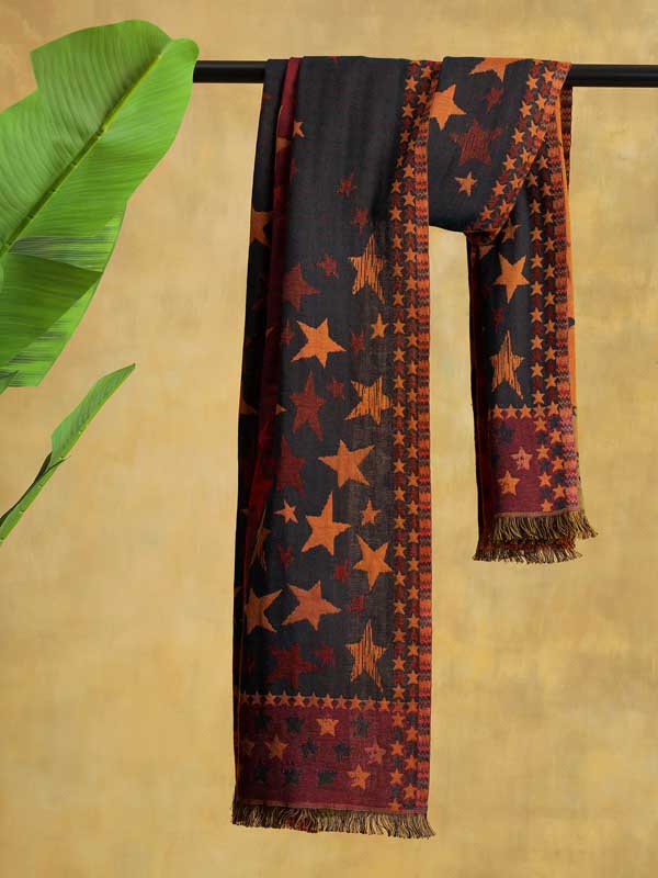 Stars Weave Wool Blend Scarf - Scarlet Navy