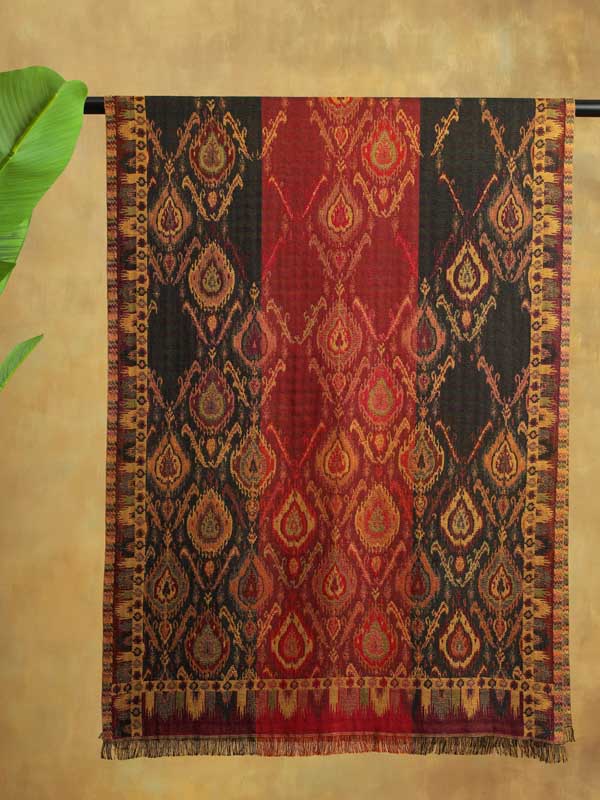 Ikat Weave Wool Blend Stole - Scarlet Navy