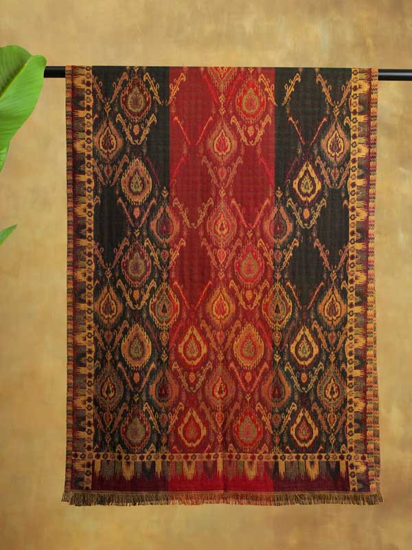 Ikat Weave Wool Blend Stole - Scarlet Navy