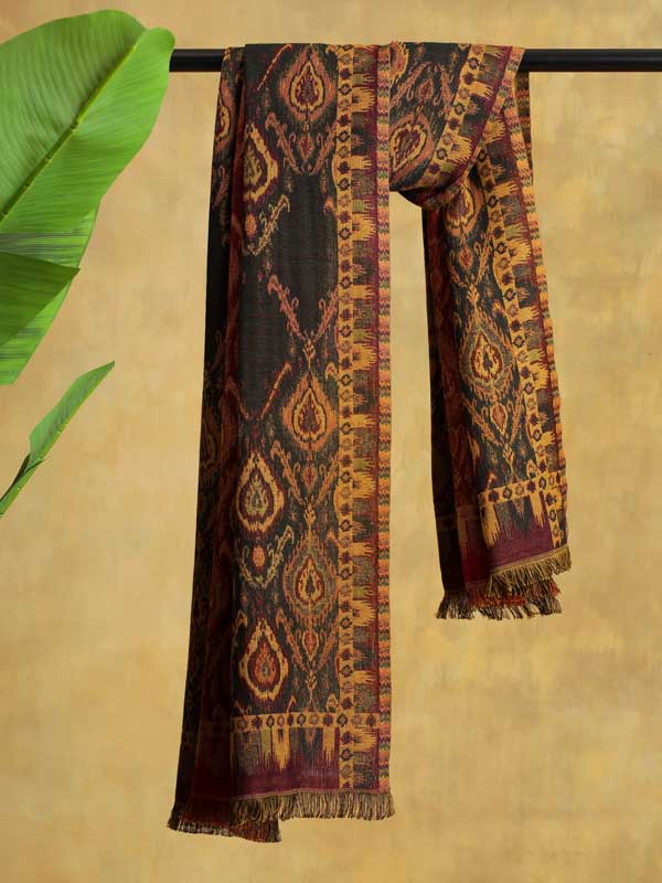 Ikat Weave Wool Blend Stole - Scarlet Navy