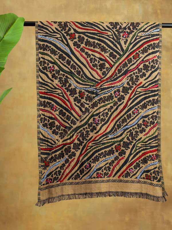 Jungle Abstract Hand Emb Wool Blend Stole - Tan Multi