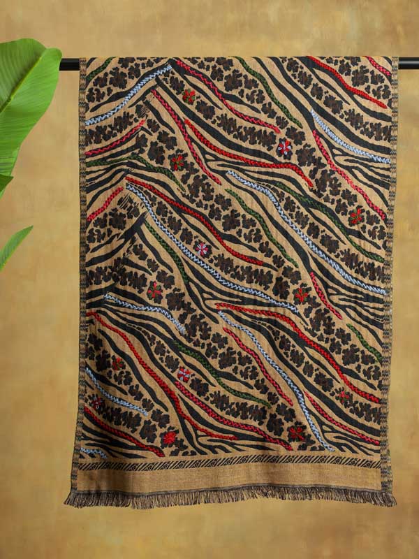 Jungle Abstract Hand Emb Wool Blend Stole - Tan Multi