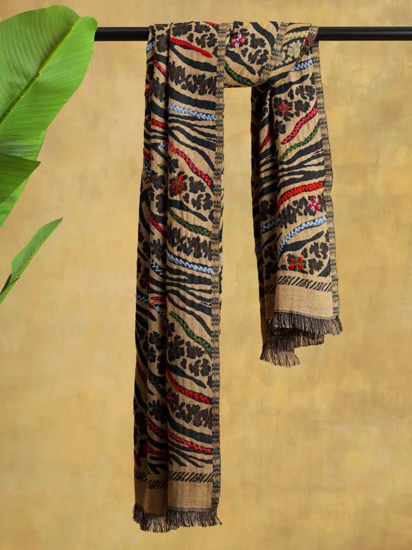 Jungle Abstract Hand Emb Wool Blend Stole - Tan Multi