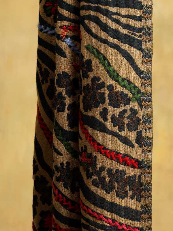 Jungle Abstract Hand Emb Wool Blend Stole - Tan Multi