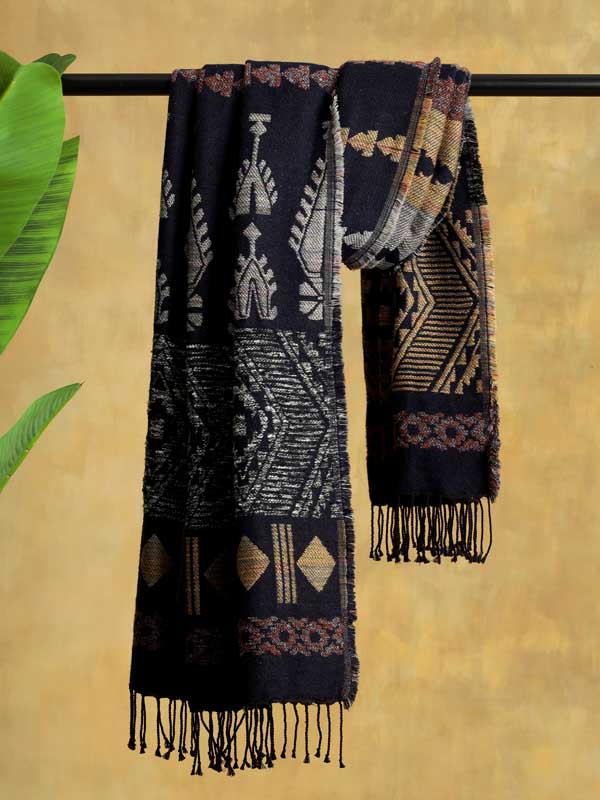 Navajo Weave Wool Blend Scarf - Neptune Navy