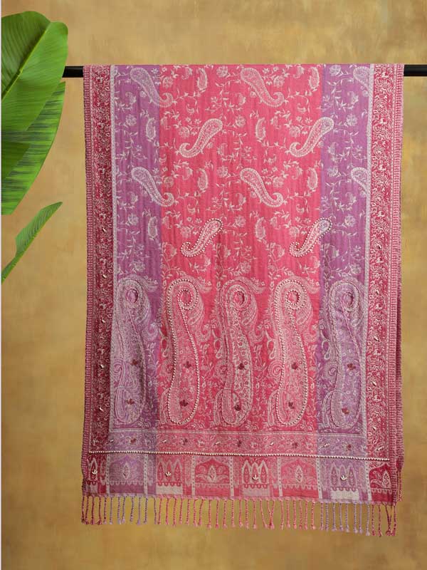 Fuschia Pink Merino Wool Hand Beaded Wrap