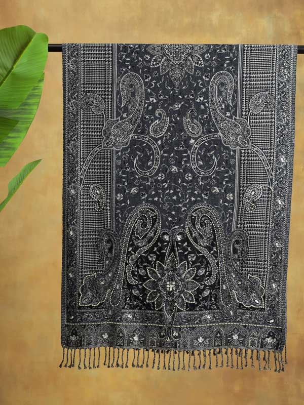 Gingham Paisley Merino Wool Wrap - Grey Blue