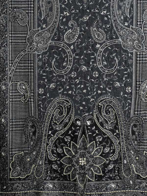 Gingham Paisley Merino Wool Wrap - Grey Blue