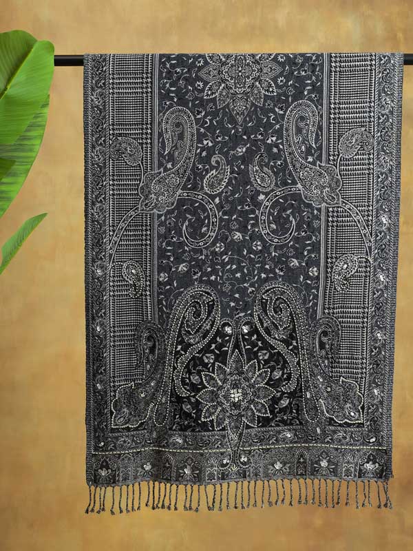 Gingham Paisley Merino Wool Wrap - Grey Blue