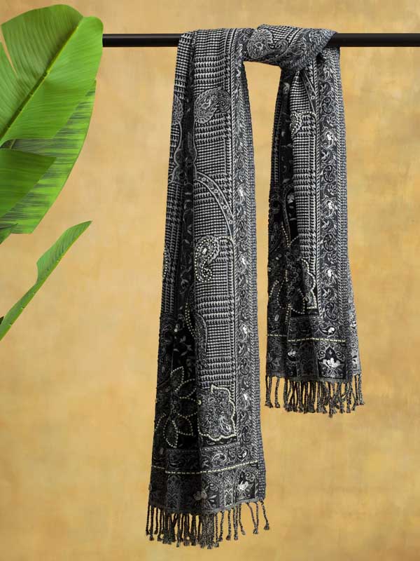 Gingham Paisley Merino Wool Wrap - Grey Blue