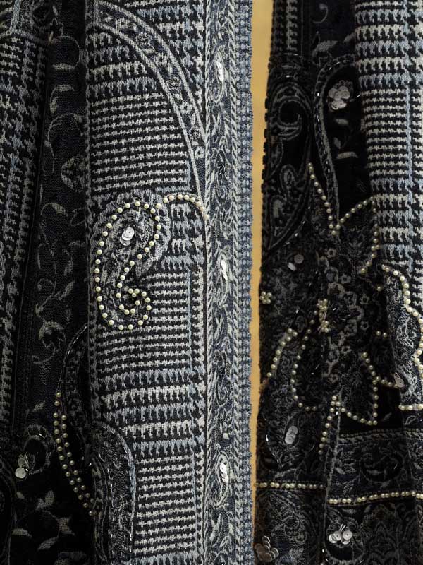 Gingham Paisley Merino Wool Wrap - Grey Blue