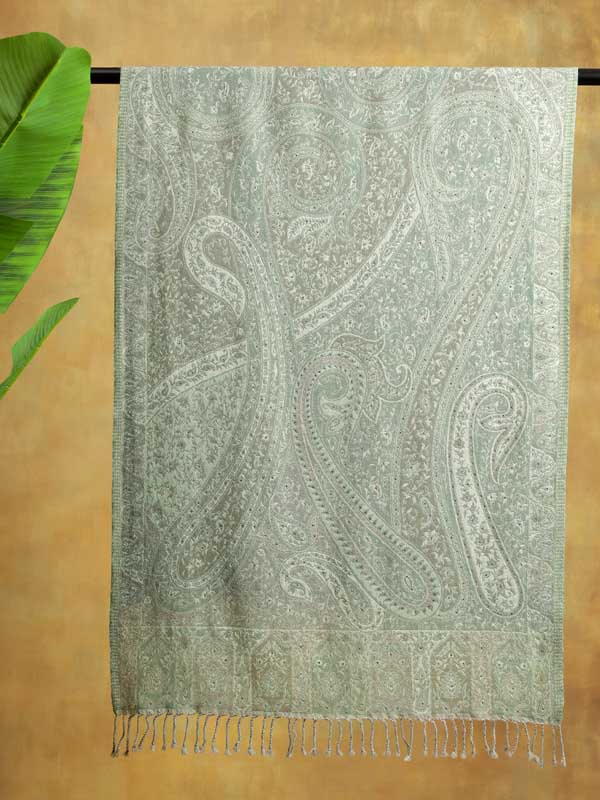 Pista Green Wool Paisley Crystals Wrap