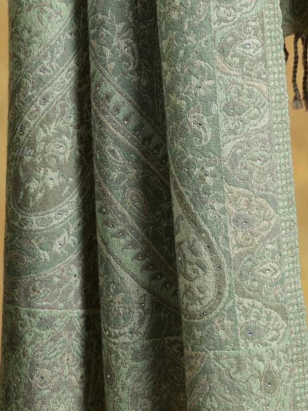 Pista Green Wool Paisley Crystals Wrap