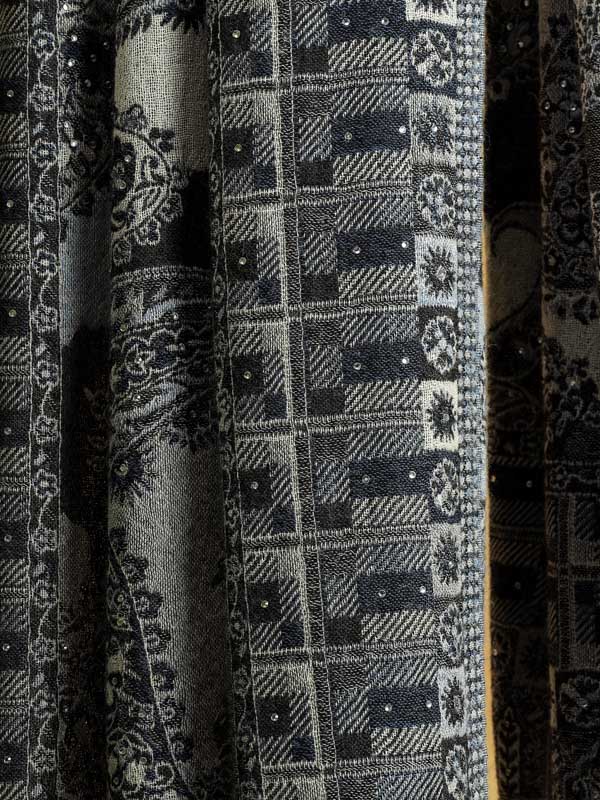 Almond Paisley Merino Wool Hand Beaded Wrap - Blue