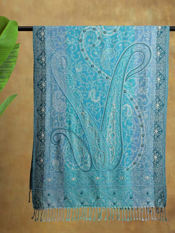 Aqua Blue Paisley Wool Hand Bead Wrap