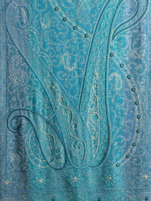 Aqua Blue Paisley Wool Hand Bead Wrap