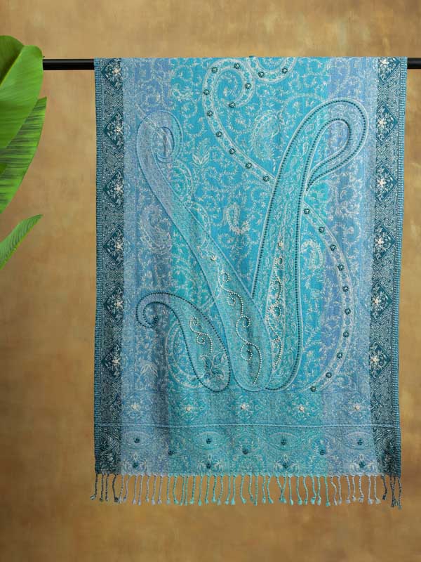 Aqua Blue Paisley Wool Hand Bead Wrap