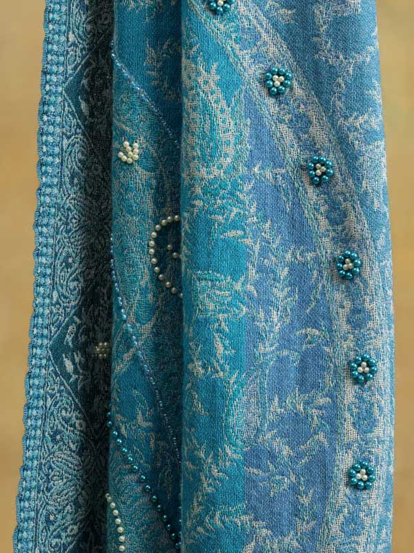 Aqua Blue Paisley Wool Hand Bead Wrap